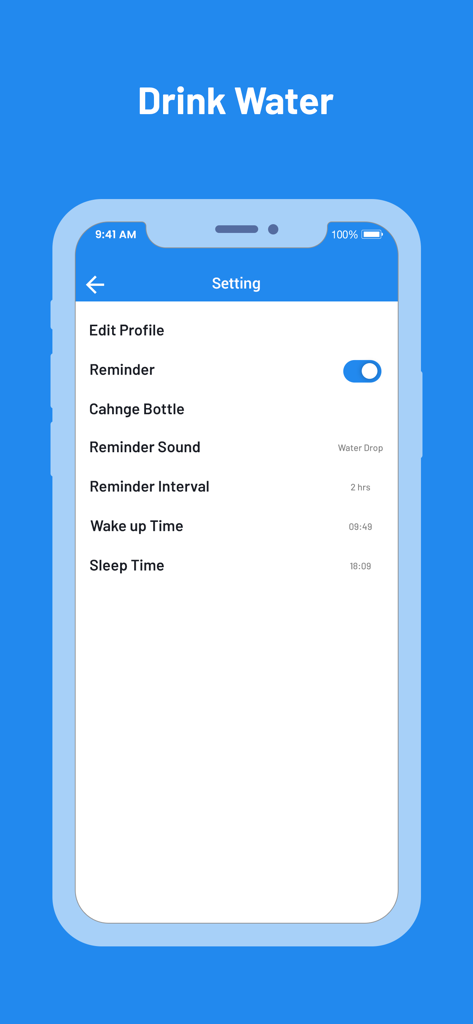 Settings screen for the Water Tracker app showing hydration reminder options