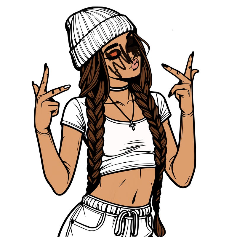 realistic teenage girl with braids and a beanie and crop top doing 🫶🏼