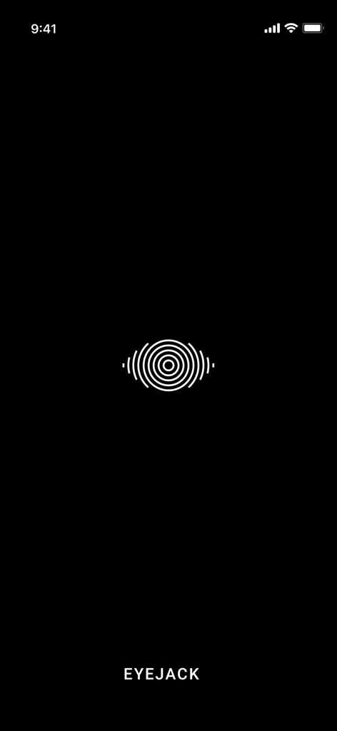 EyeJack - Splash screen of the EyeJack app featuring a minimalist white eye logo and text on a black background