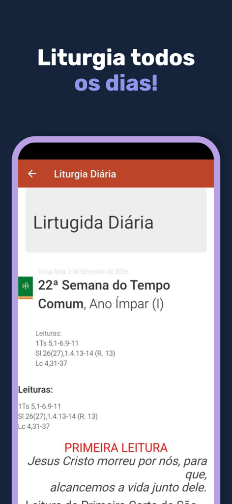 Bíblia Católica IA - Pantalla de liturgia diaria de la aplicación Biblia Católica IA mostrando lecturas y reflexiones religiosas.