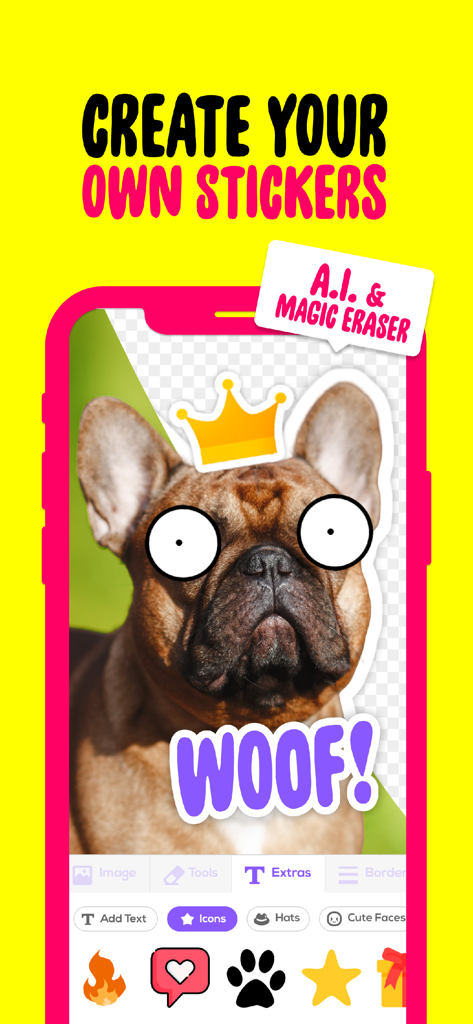 Sticker Maker + Stickers - AIマジック消しゴムツールで作成されたカスタム犬のステッカーを表示するステッカーメーカーアプリのインターフェース