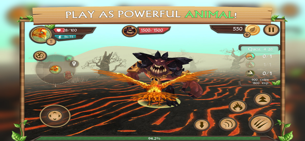 Wild Animal Simulators - A golden Phoenix bird facing off against a giant monster in a volcanic 3D environment in the Wild Animal Simulators app.