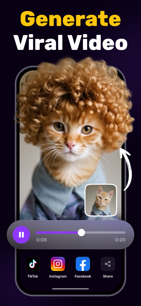 AI Effects Video Maker - AI Effects Video Maker app interface showing a cat with a curly wig and social media sharing icons