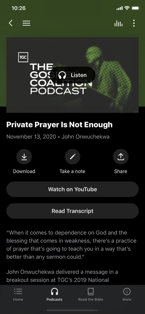 The Gospel Coalition - The Gospel Coalition mobile app podcast screen featuring an episode titled Private Prayer Is Not Enough by John Onwuchekwa