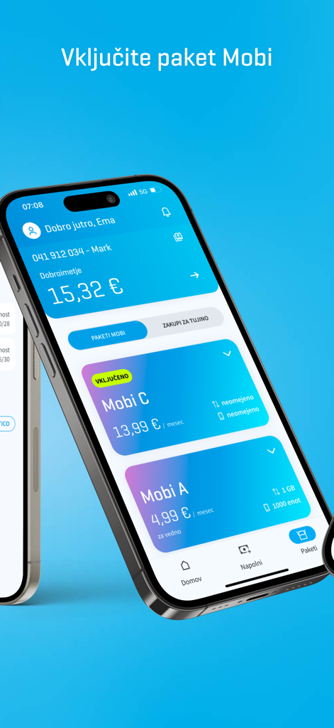 Moj Mobi - Moj Mobi app interface showing mobile package options and account balance on a smartphone