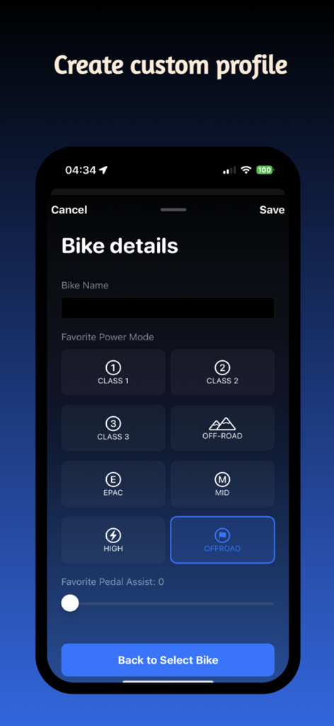 Bikee - Una captura de pantalla de la aplicación Bikee que muestra la pantalla de detalles de la bicicleta para crear perfiles personalizados y seleccionar modos de potencia de e-bike.