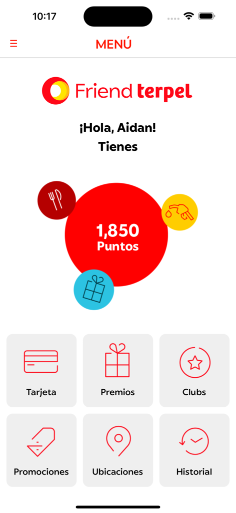 Terpel Friend - Pantalla de inicio de la aplicación Terpel Friend que muestra los puntos de recompensa actuales y el menú de navegación