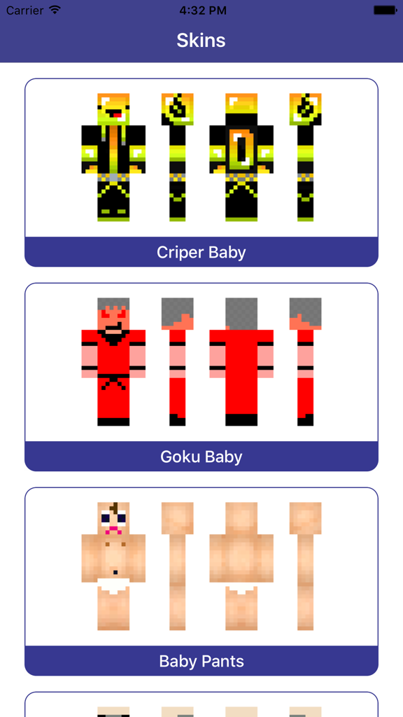 Baby Skins for Minecraft PE - Boy & Girl Skinseed - A gallery of baby skins for Minecraft PE featuring character designs like Criper Baby and Goku Baby