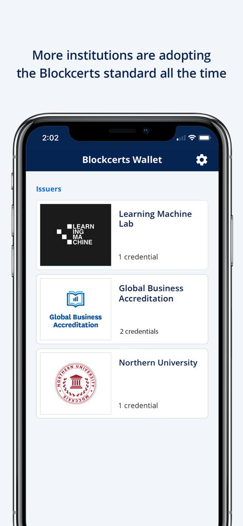 Blockcerts Wallet app screen displaying a list of credential issuers including Learning Machine Lab and Northern University