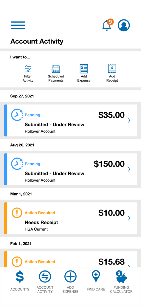 WealthCare app interface showing a list of healthcare account activities and transaction statuses