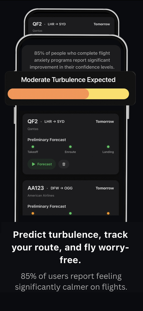 MyPilot: Turbulence Forecast - Interfaz de la aplicación MyPilot que muestra una predicción de turbulencias moderadas y el seguimiento de la ruta de vuelo