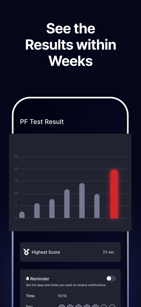 Kegel Men: Men's Health - A bar chart displaying pelvic floor test results and performance progress over several weeks in the Kegel Men app.