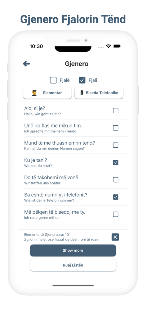 Pantalla móvil que muestra una lista de frases en alemán con traducciones al albanés para el aprendizaje de idiomas.