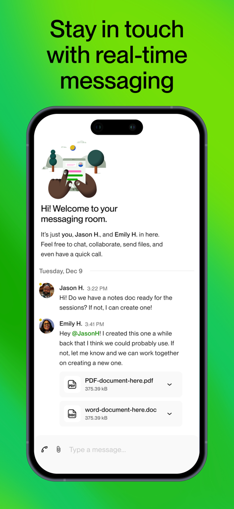 Upwork - Upwork mobile app interface showing real-time messaging and file sharing between users
