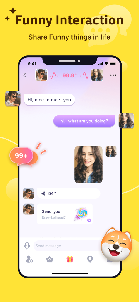 Una interfaz móvil de la aplicación MeYo que muestra una pantalla de chat privado con mensajes de texto, fotos y regalos virtuales bajo el título Interacción Divertida.