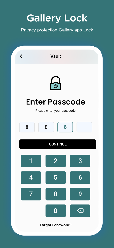Photo Gallery : Albums - Interfaz de bóveda segura en la aplicación Photo Gallery con un teclado numérico para introducir el código de acceso y proteger fotos privadas.
