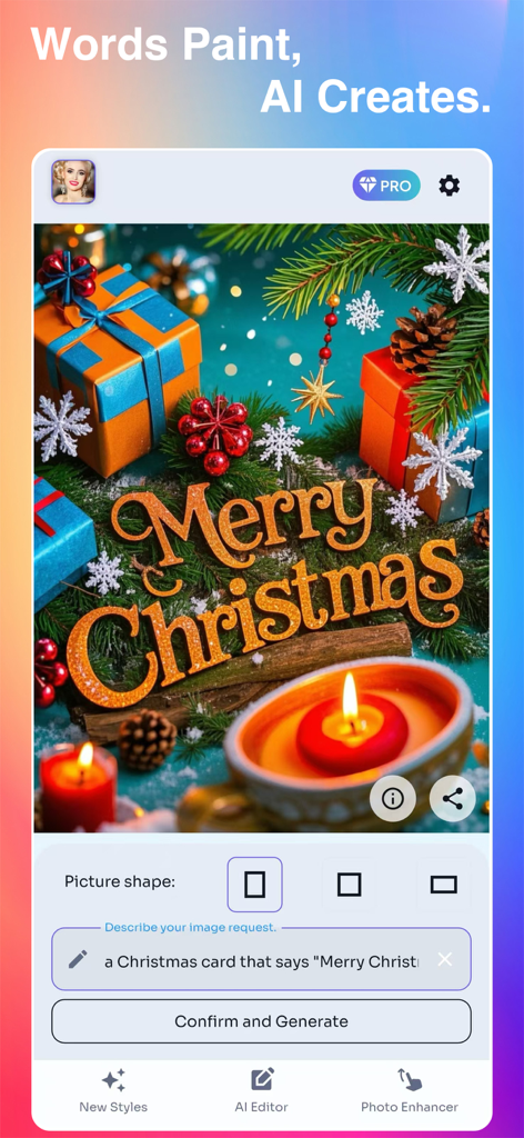 OLyne: AI Photo Editor, Art - OLyne AI Photo Editor mobile app interface showing text to image generation for a Christmas card