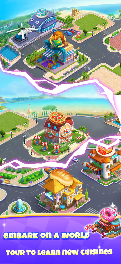 Cooking Journey: Food Games - A world map view showing various themed restaurants like pizza and burgers in the Cooking Journey game