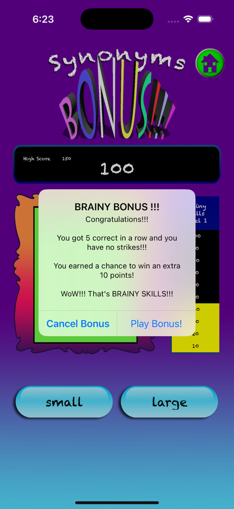 Brainy Skills Synonym Antonym app bonus reward screen for five correct answers in a row