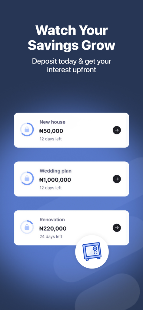 FairMoney app screen displaying savings goals in Naira for a new house, wedding, and renovation.