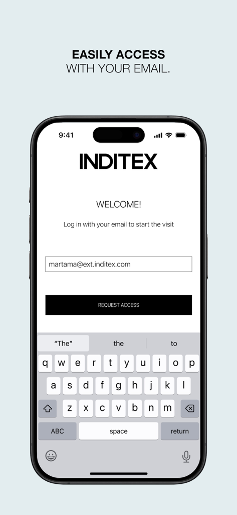 Pantalla de inicio de sesión del visitante de Inditex mostrando la entrada de correo electrónico para el acceso a la oficina