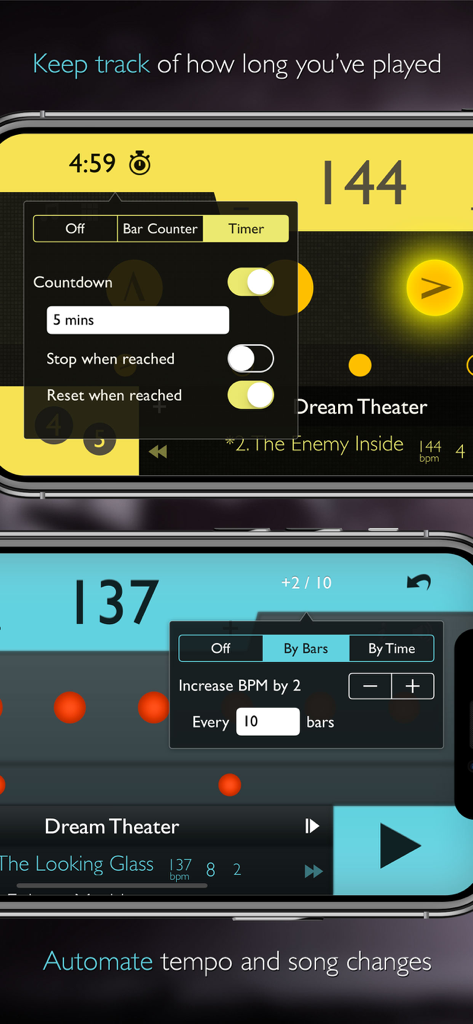 Interface de l'application métronome Tempo Advance présentant les fonctions de suivi de la pratique et d'ajustement automatique du tempo