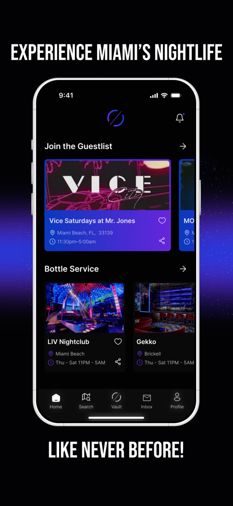 ZONA: Unlock Miami Nightlife - ZONAモバイルアプリのインターフェース、マイアミのナイトライフゲストリストとボトルサービス用