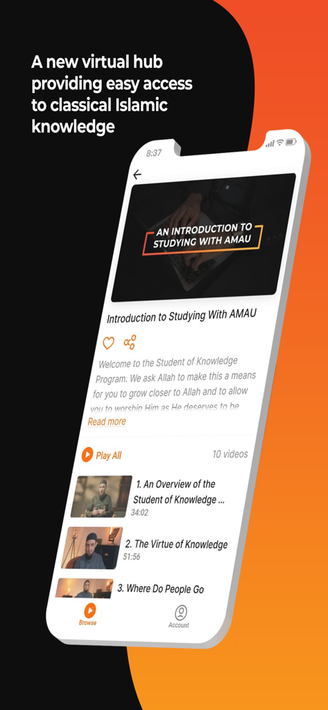 AMAU Academy - Smartphone screen displaying the AMAU Academy app with Islamic educational video courses and program descriptions.