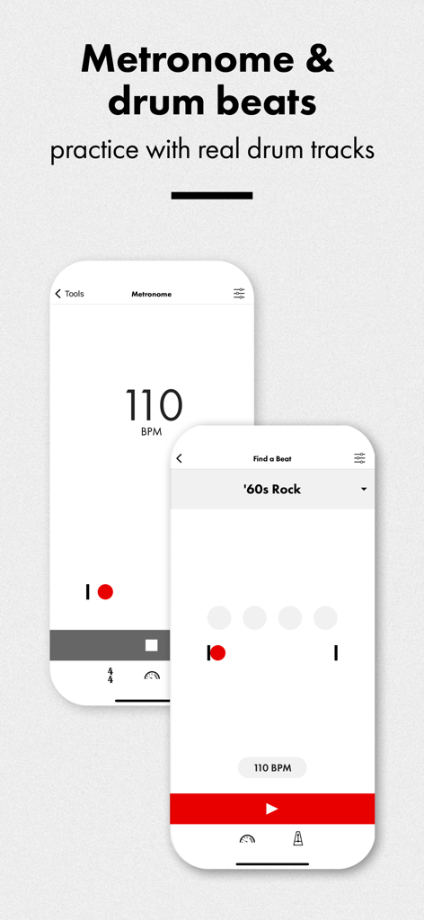 Fender Tune app interface showing metronome and drum tracks practice tools