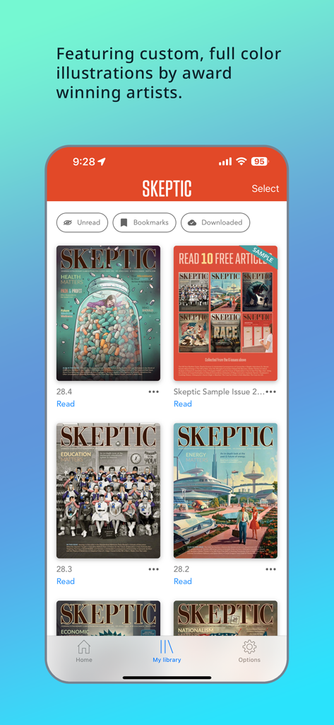 Digital library screen of the Skeptic Magazine app displaying multiple magazine issues with custom artistic covers.
