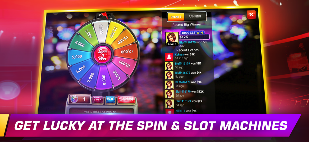 Una colorida rueda de la suerte y una tabla de clasificación de ganadores recientes de la aplicación móvil Teen Patti Royale.