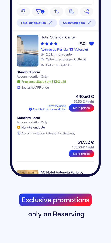 Reserving - Capture d'écran de l'application Reserving montrant une réservation d'hôtel pour l'Hotel Valencia Center avec des promotions exclusives et une annulation gratuite.