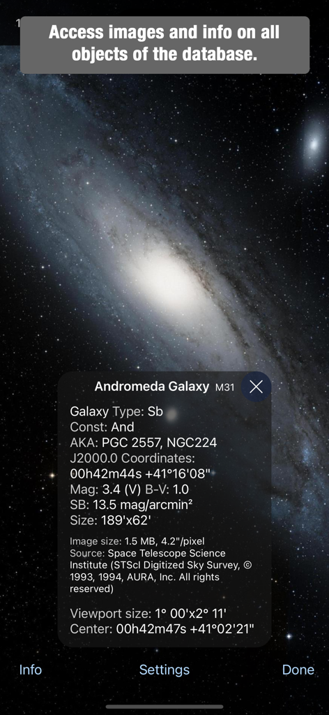 Polar Scope Align Pro - Andromeda Galaxy technical details and image in the Polar Scope Align Pro deep space object database