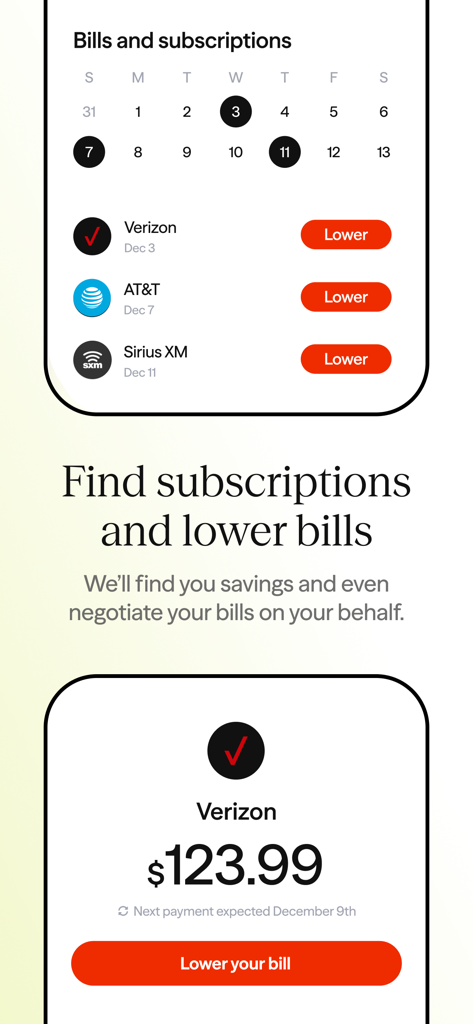 Interfaccia dell'app Albert che mostra un calendario delle bollette e una funzione per ridurre i costi degli abbonamenti mensili come Verizon e AT&T