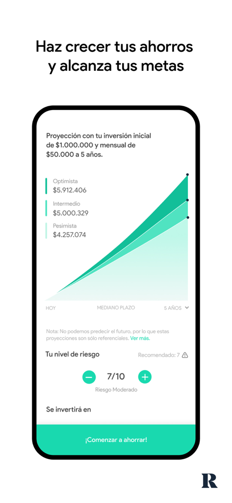 Racional app interface showing an investment projection chart and risk level setting for reaching financial goals
