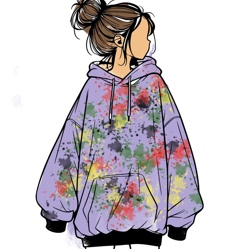 realistic girl with a oversized sweatshirt on and a bun