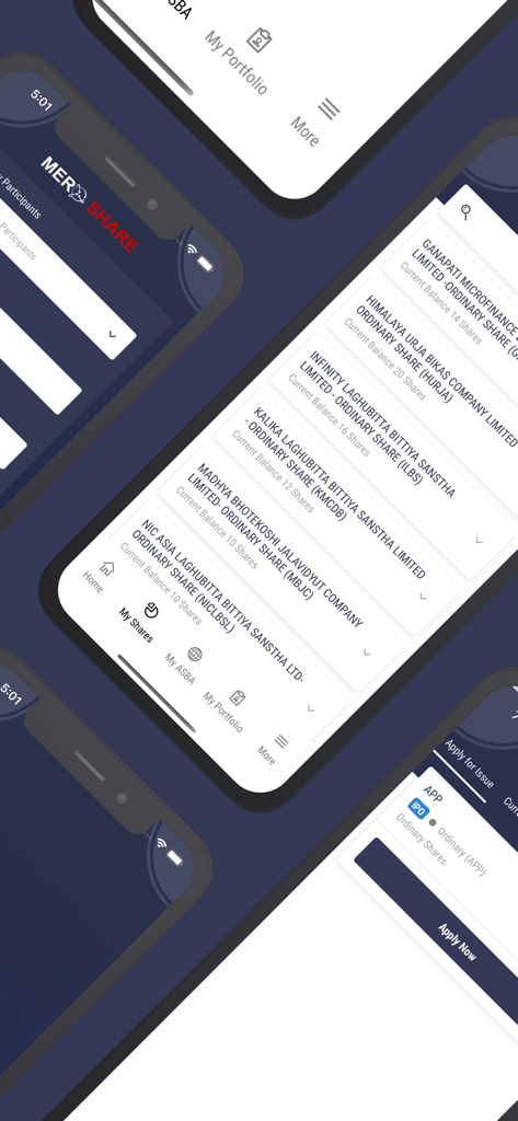 MeroShare - Pantallas de la aplicación móvil que muestran una cartera de acciones y la interfaz de solicitud de OPA para el mercado de capitales de Nepal