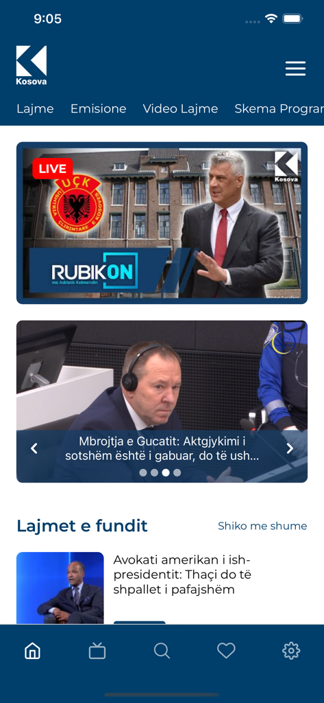 Klan Kosova - Klan Kosova Mobile App-Oberfläche mit Live-Nachrichtenübertragungen und den neuesten Schlagzeilen auf Albanisch