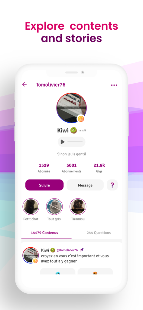 Sondago app user profile page showing follower count virtual currency gigs and shared stories