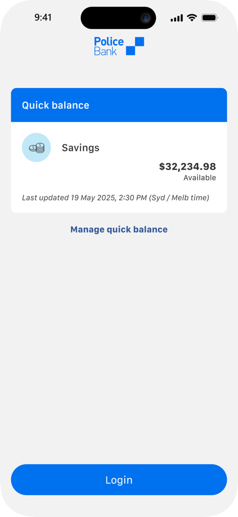 Police Bank Mobile Banking - The quick balance screen of the Police Bank mobile app showing a savings account balance