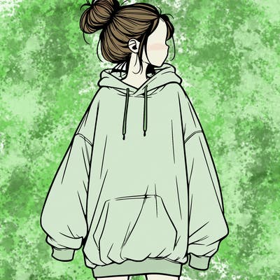 realistic girl with a oversized sweatshirt on and a bun