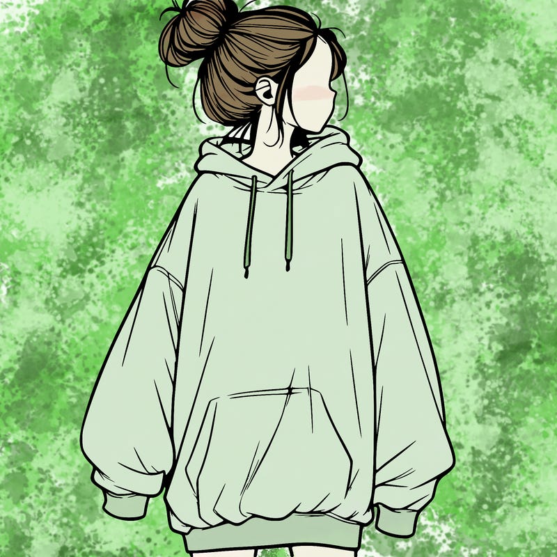 realistic girl with a oversized sweatshirt on and a bun