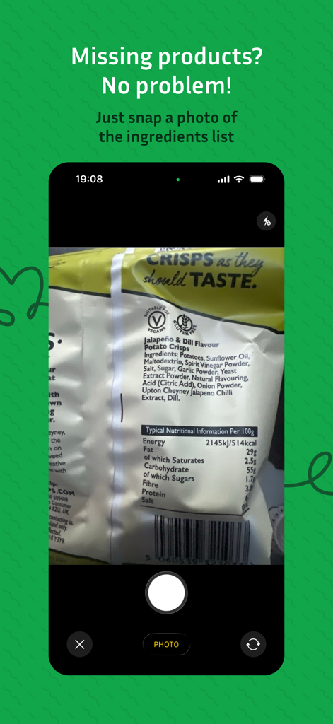 Smartphone camera scanning the ingredients list on a food product package