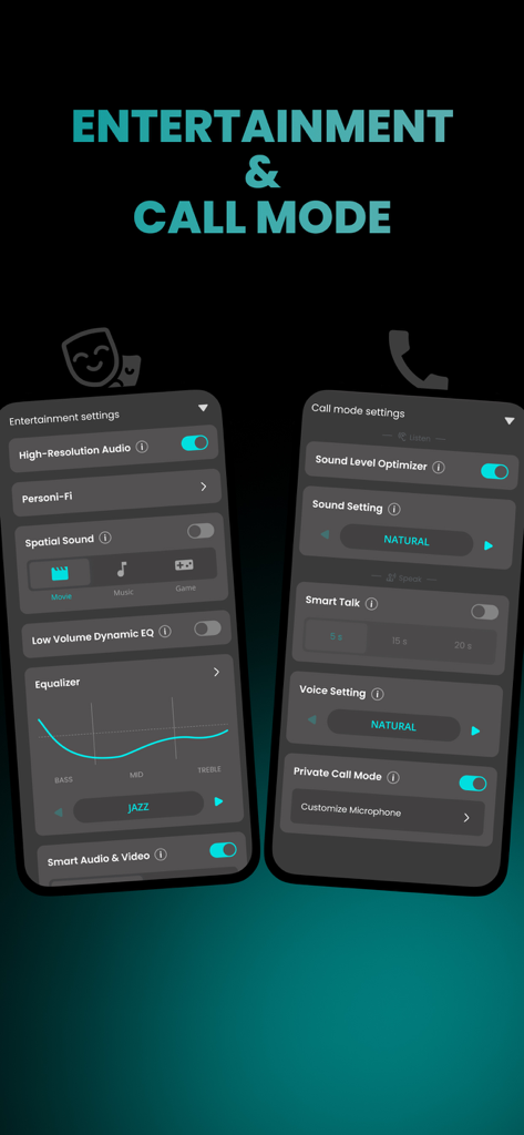 Interface of the AKG Headphones app showing entertainment settings with an equalizer and call mode settings with sound optimization