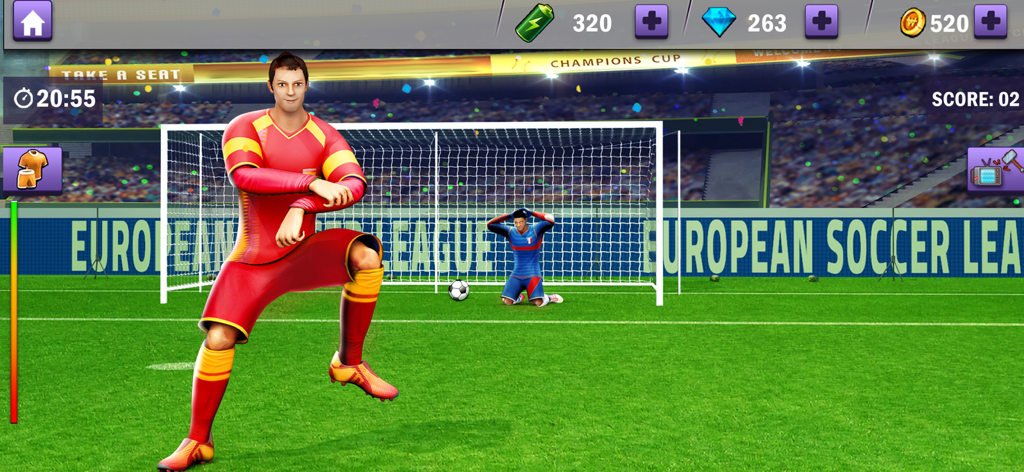 Real Soccer – Football Games - モバイルフットボールゲームで、赤いジャージを着たサッカー選手がゴールを祝っている。