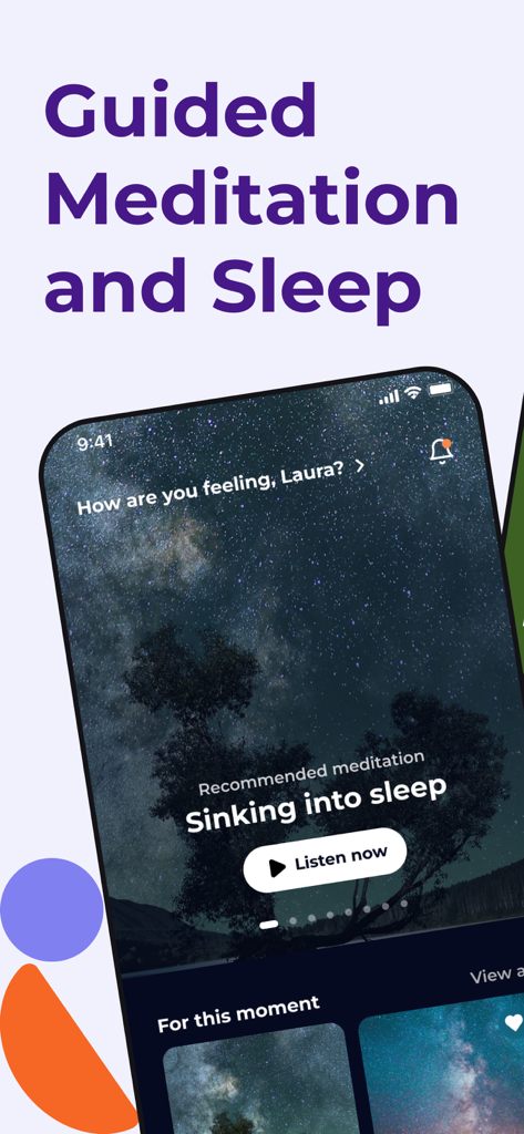 Oberfläche der Guided Meditation und Sleep App, die eine Empfehlung für eine Schlafmeditation auf Sternenhintergrund zeigt