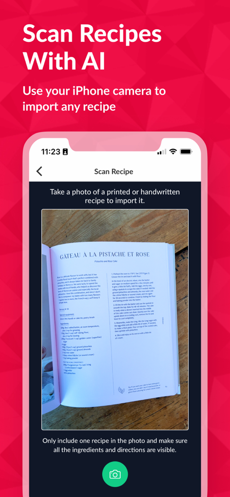 Cooklist: Pantry Meals Recipes - Cooklist app showing the AI recipe scanning feature with a cookbook being photographed on an iPhone