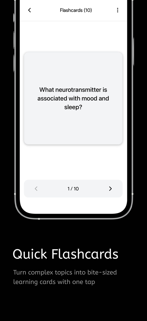 Cramly AI - Study Companion - Interface do aplicativo Cramly AI exibindo um flashcard interativo para aprendizado rápido