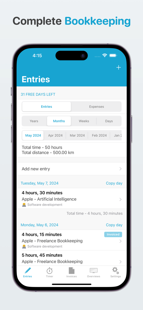 Freelance bookkeeping - Captura de pantalla de la aplicación Contabilidad freelance que muestra un resumen de las entradas de trabajo, incluido el tiempo total y la distancia para un mes específico.