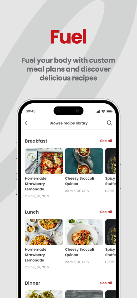 Snap Fitness - Snap Fitness app recipe library showing healthy meal plans for breakfast and lunch